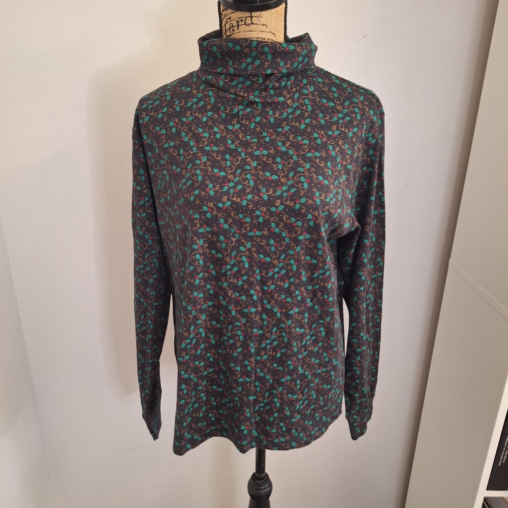 90's NWT Women's Westbound Holiday Christmas Turtleneck Size L Black W/ Holly